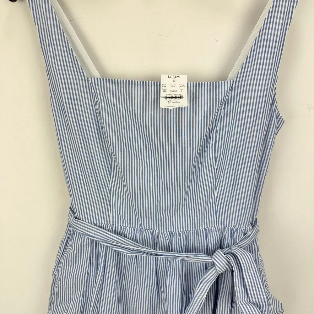 J.Crew Striped Sleeveless Belted Tiered Dress White Banker Blue Retro US 6 NWT